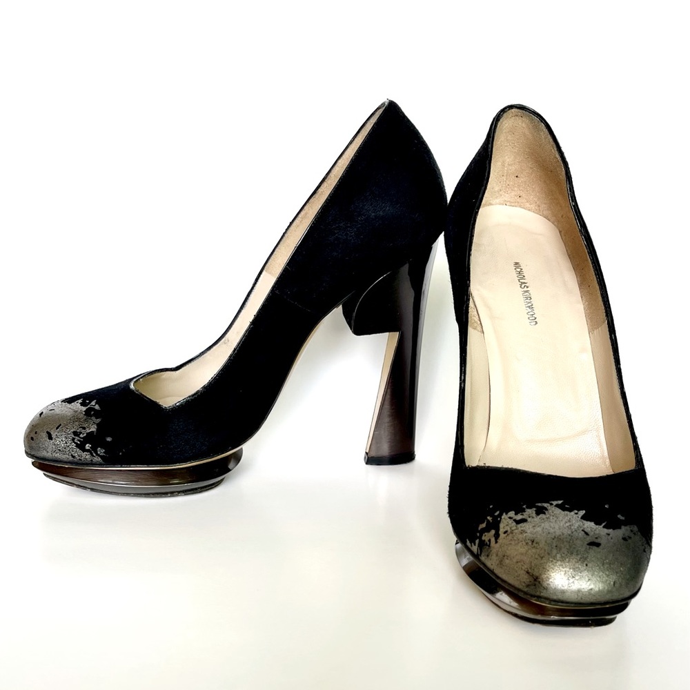Nicholas Kirkwood platform pump, 
camoscio nero metallizzato peltr